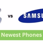 Iphone logo vs samsung logo with a text newest phones
