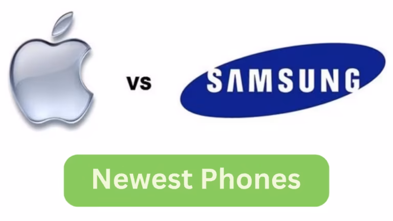 Iphone logo vs samsung logo with a text newest phones