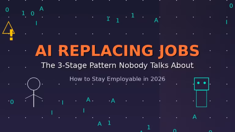 AI replacing jobs concept showing worried worker facing robotic automation, illustrating the 3-stage pattern of job displacement and how to stay employable in 2026
