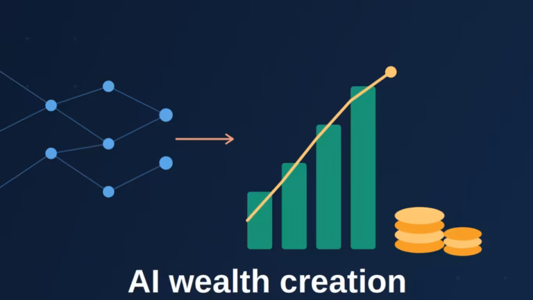 AI wealth creation concept illustration showing a neural network connected to a rising growth chart with stacked gold coins, symbolizing artificial intelligence driving financial growth