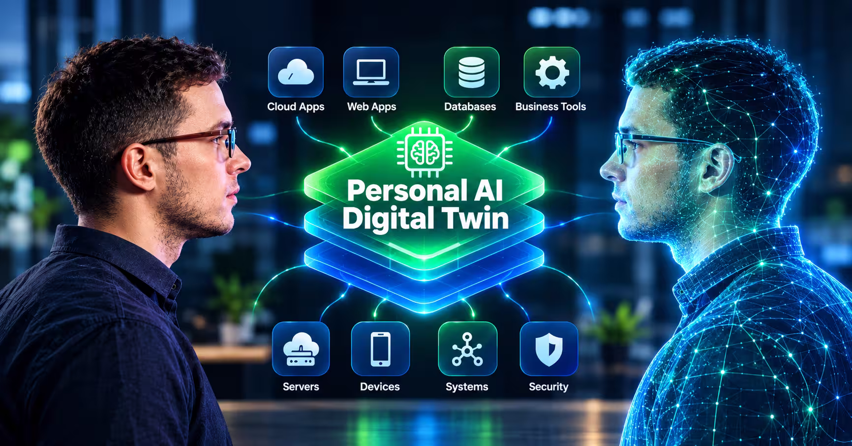 Personal AI digital twin resembling a real human, connected through a glowing AI interface to apps, databases, devices, and digital systems.