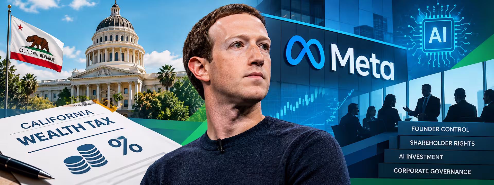 Mark Zuckerberg amid California's proposed wealth tax, Meta's AI investment plans, and corporate governance concerns.